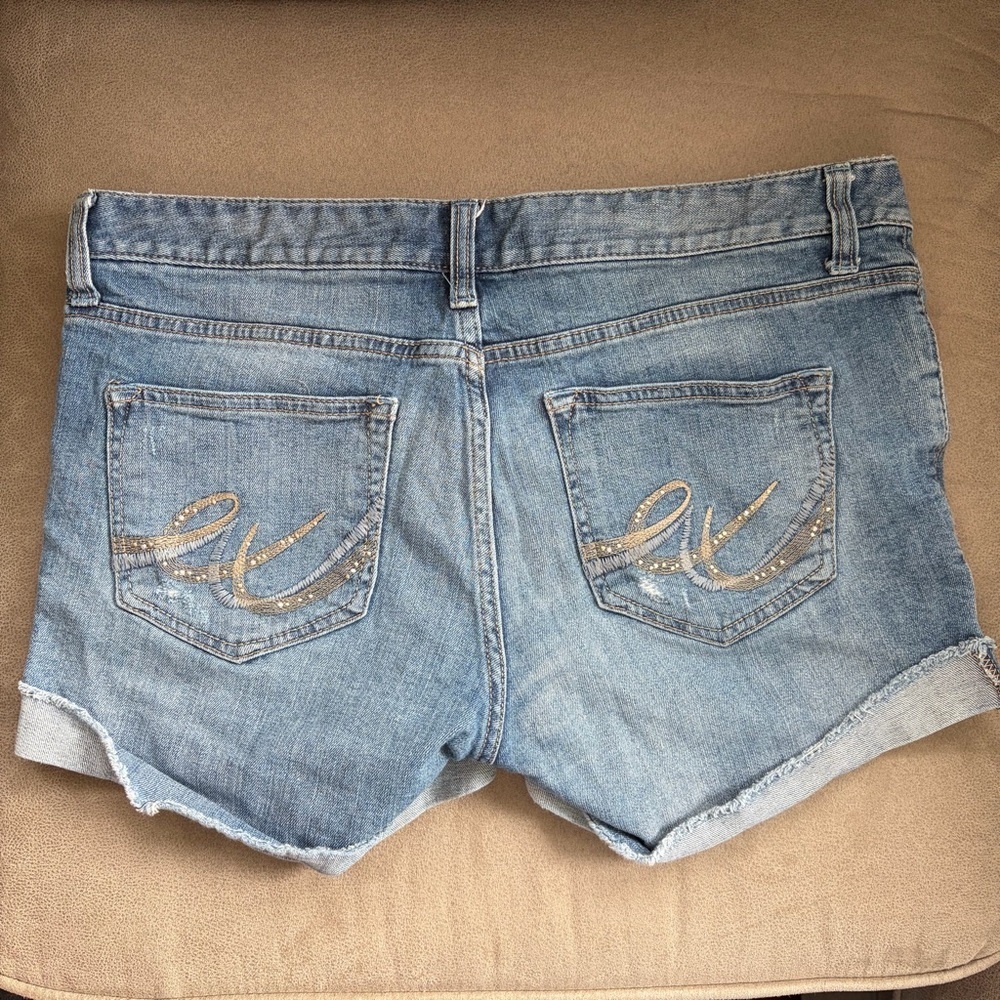 Express Light Blue Denim Shorts with Embellished Back Pockets 8